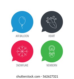 Colored speech bubbles. Newborn, heart and air balloon icons. Snowflake linear sign. Flat web buttons with linear icons. Vector