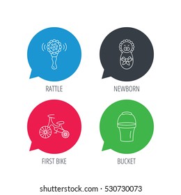 Colored speech bubbles. Newborn, rattle and first bike icons. Newborn child, bucket linear signs. Flat web buttons with linear icons. Vector