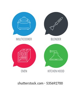 Colored speech bubbles. Oven, kitchen hood and blender icons. Multicooker linear sign. Flat web buttons with linear icons. Vector