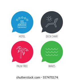Colored speech bubbles. Palm tree, waves and deck chair icons. Hotel linear sign. Flat web buttons with linear icons. Vector
