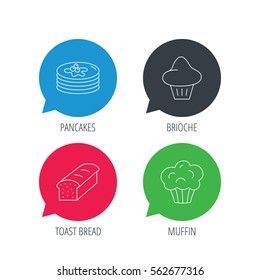 Colored speech bubbles. Pancakes, brioche muffin and toast bread icons. Cupcake linear sign. Flat web buttons with linear icons. Vector