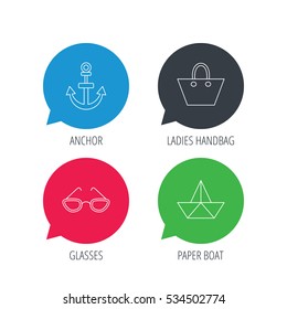 Colored speech bubbles. Paper boat, anchor and glasses icons. Ladies handbag linear sign. Flat web buttons with linear icons. Vector