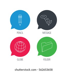 Colored speech bubbles. Pencil, message and world globe icons. Folder linear sign. Flat web buttons with linear icons. Vector