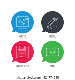 Colored speech bubbles. Photo camera, pencil and mail icons. Floppy disk linear sign. Flat web buttons with linear icons. Vector