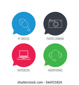 Colored speech bubbles. Photo camera, headphones and notebook laptop icons. PC mouse linear sign. Flat web buttons with linear icons. Vector