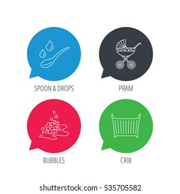 Colored speech bubbles. Pram carriage, spoon and drops icons. Bubbles, crib bed linear signs. Flat web buttons with linear icons. Vector
