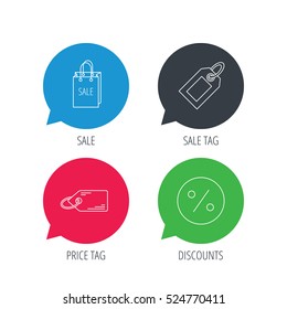 Colored speech bubbles. Price tag, sale bag and coupon icons. Discounts linear sign. Flat web buttons with linear icons. Vector