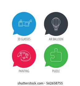 Colored speech bubbles. Puzzle, painting and air balloon icons. 3d glasses linear sign. Flat web buttons with linear icons. Vector