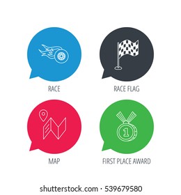 Colored speech bubbles. Race flag, map and winner award icons. First place medal, wheel on fire linear signs. Flat web buttons with linear icons. Vector