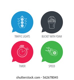 Colored speech bubbles. Race, traffic lights and speed icons. Bucket with foam, fire wheel linear signs. Flat web buttons with linear icons. Vector