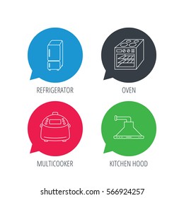 Colored speech bubbles. Refrigerator, multicooker and oven icons. Kitchen hood linear sign. Flat web buttons with linear icons. Vector