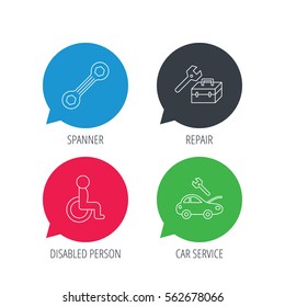Colored speech bubbles. Repair toolbox, spanner tool and car service icons. Disabled person linear sign. Flat web buttons with linear icons. Vector