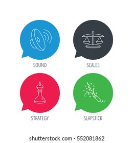 Colored speech bubbles. Scales of justice, sound and strategy icons. Slapstick linear sign. Flat web buttons with linear icons. Vector