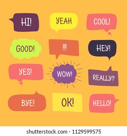 Colored speech bubbles set in flat design with short messages.