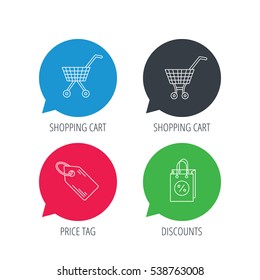 Colored speech bubbles. Shopping cart, discounts bag and price tag icons. Sale coupon linear sign. Flat web buttons with linear icons. Vector