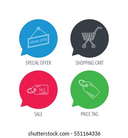 Colored speech bubbles. Shopping cart, price tag and sale coupon icons. Special offer label linear sign. Flat web buttons with linear icons. Vector