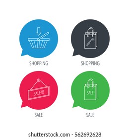 Colored speech bubbles. Shopping cart, sale bag icons. Sale label linear sign. Flat web buttons with linear icons. Vector