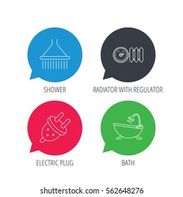 Colored speech bubbles. Shower, bath and electric plug icons. Radiator with regulator linear sign. Flat web buttons with linear icons. Vector