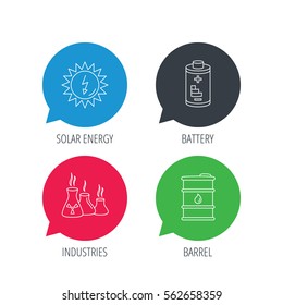 Colored speech bubbles. Solar energy, battery and oil barrel icons. Industries linear sign. Flat web buttons with linear icons. Vector