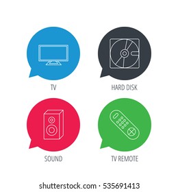 Colored speech bubbles. Sound, TV remote and hard disk icons. Widescreen TV linear sign. Flat web buttons with linear icons. Vector