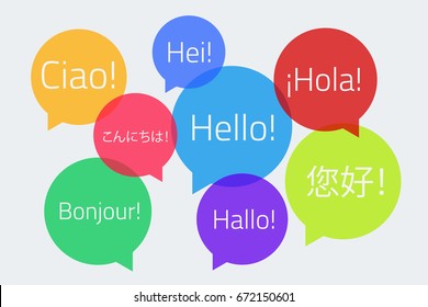 Colored speech bubbles with the text Hello in different languages. English, German, French, Spanish, Japanese, Chinese, Finnish, Italian. Vector illustration. Light background. Eps10.