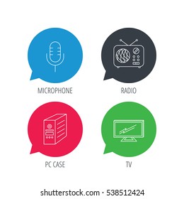 Colored speech bubbles. TV, retro radio and microphone icons. PC case linear sign. Flat web buttons with linear icons. Vector