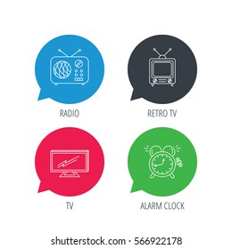 Colored speech bubbles. TV, retro radio and alarm clock icons. Widescreen TV linear sign. Flat web buttons with linear icons. Vector