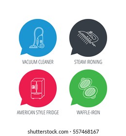 Colored speech bubbles. Vacuum cleaner, steam ironing and waffle-iron icons. American style fridge linear sign. Flat web buttons with linear icons. Vector