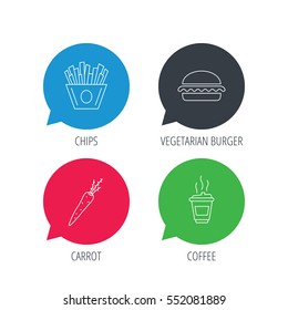 Colored speech bubbles. Vegetarian burger, chips and coffee icons. Carrot linear sign. Flat web buttons with linear icons. Vector
