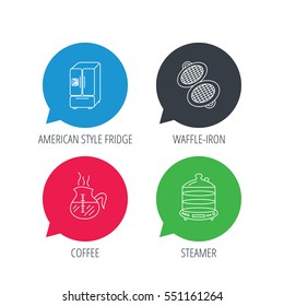 Colored speech bubbles. Waffle-iron, coffee and steamer icons. American style fridge linear signs. Flat web buttons with linear icons. Vector