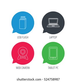 Colored speech bubbles. Web camera, USB flash and notebook laptop icons. Tablet PC linear sign. Flat web buttons with linear icons. Vector