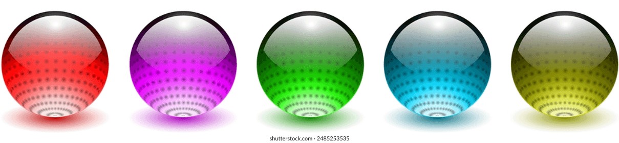 Colored spheres set, shiny 3D colorful glass balls with dots pattern inside, multicolored vector illustration.
