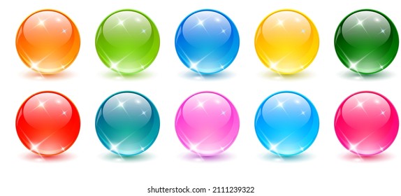 Esferas coloreadas, colección brillante y brillante de bolas de vidrio 3D coloridas, ilustración multicolor vectorial.