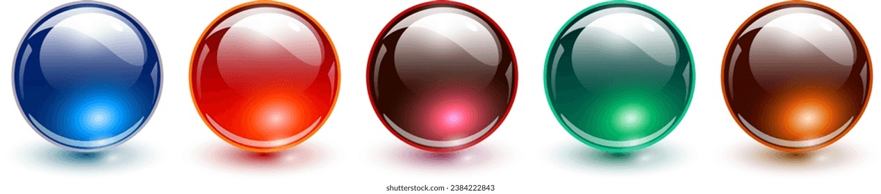 Colored spheres set, shiny and glossy 3D colorful glass balls collection, multicolored vector illustration.