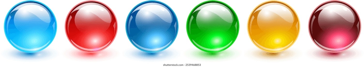 Colored spheres set, shiny and glossy 3D colorful glass balls iscons collection, multicolored vector illustration.
