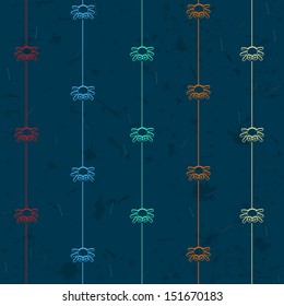 Colored spiders on a dark grunge background. Seamless pattern.