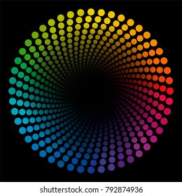 Farbige Spiraldosen-Musterröhre - geometrische, abgerundete, kreisförmige Abbildung mit schwarzem Zentrum, die sich zu erweitern scheint - optische Täuschung.