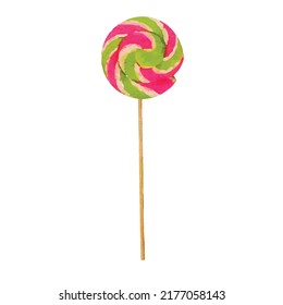 Colored spiral lollipop candy on wooden stick isolated on white background. Realistic hand drawn watercolor illustration. Hand painted vector Clip art. Template.