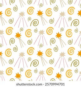 Colored spirals and stars seamless pattern, vector background. Ideal for fabric, textile, baby bedding, wallpaper, pajamas. Scandinavian style.