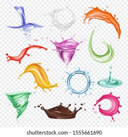 Colored splashes. Liquid paint or fresh juice red orange green blue flowing splashes vector photorealistic template
