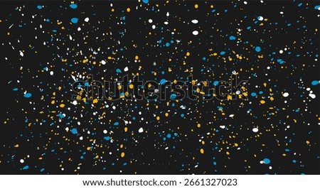 Colored splashes of paint on a black background.A pattern of small colored droplets. A grunge texture of multicolored dots, splashes, blots, and spots.   Illustrated vector clipart. Hand draw no ai.
