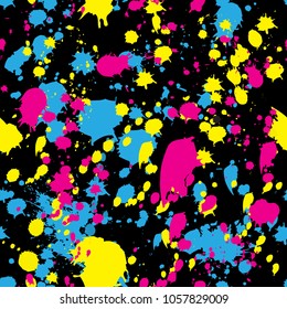 colored splatter and splash. painted brush texture. seamless vector pattern on black background