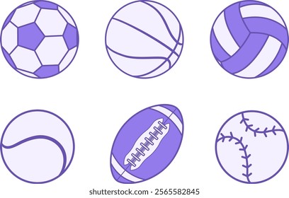 Colored Sport Ball Icons. Vector Illustrations of Soccer, Basketball, Volleyball, Tennis and Baseball. American Football Ball