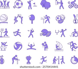 Colored Sports Icon Set. Vector Icons of Football, Basketball, Volleyball, Table Tennis, Boxing, Baseball, Golf, Parasports, Water Sports, American Football, and More