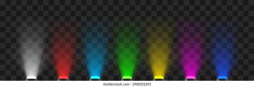 Colored spotlights with a light rays. Vector led diodes illustration