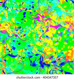 Colored spots and lines. Yellow, purple. blue. The dominance of green. Ebru. Liquid. Artistic seamless pattern. Vector. Easy editing. Ovals, circles and wavy lines.