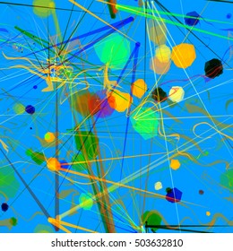 Colored spots and stripes on blue background. Abstract composition. Artistic seamless vector pattern