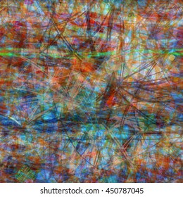 Colored spots, strokes and curves stripes. Abstract seamless vector background. Watercolor effect.