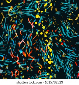 Colored spots and strokes on dark backdrop. Dynamic seamless texture. Abstract vector background for web page, banners backdrop, fabric, home decor, wrapping