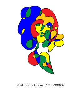 Colored spotted surreal face pretty woman with flower isolated on white in freehand style. Concept of love and friendship between human and plant. Bright female abstract character in hygge mood. 
